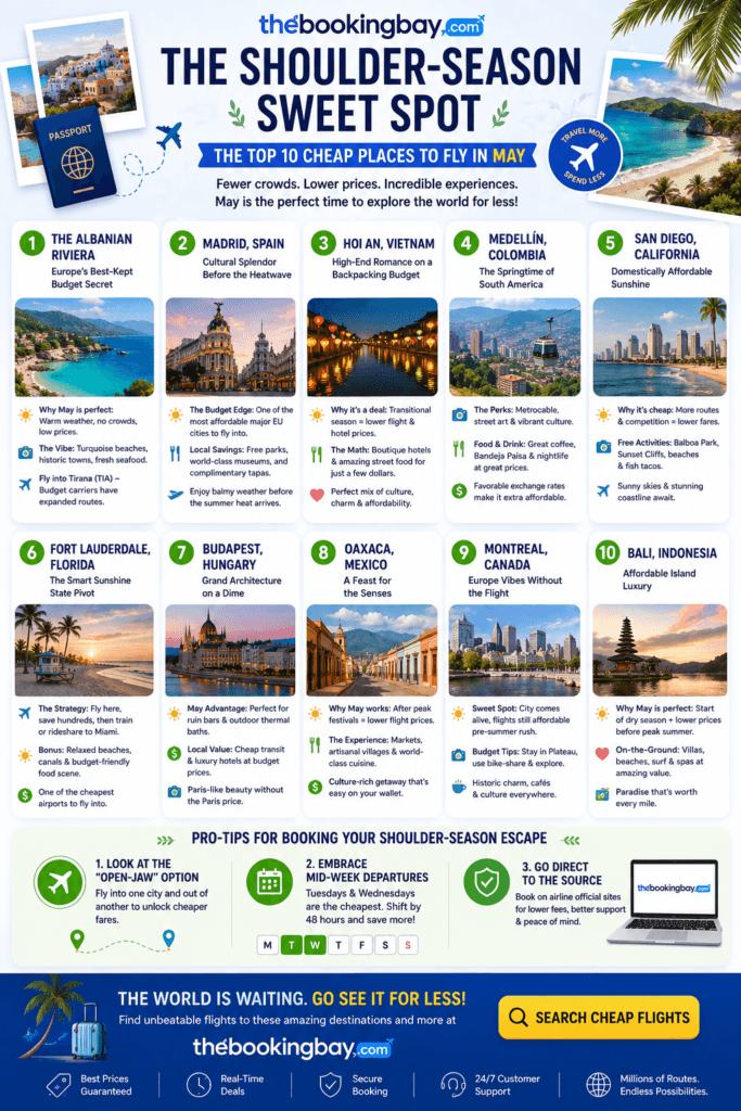 Modern travel infographic by TheBookingBay showcasing the top 10 cheap places to fly in May, including Albania, Spain, Vietnam, Colombia, California, Florida, Hungary, Mexico, Canada, and Bali. Features colorful destination cards, travel tips, shoulder-season booking advice, and a call-to-action to search cheap flights.