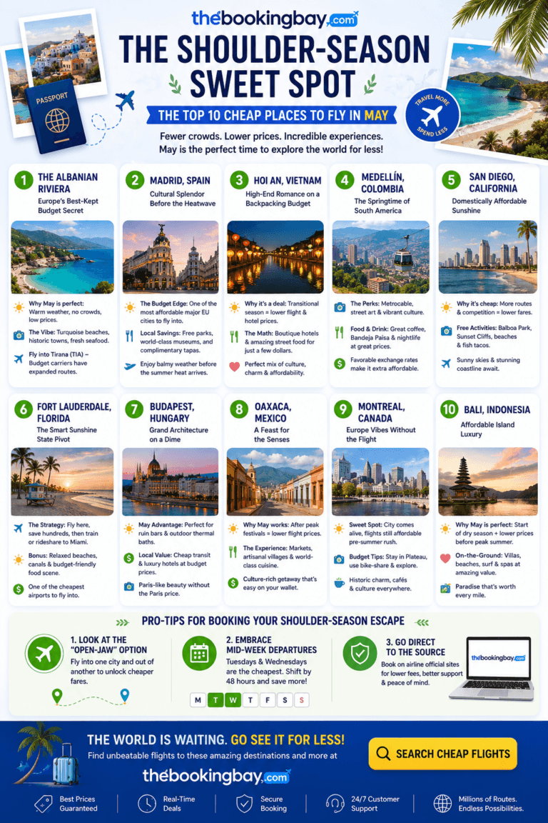 Modern travel infographic by TheBookingBay showcasing the top 10 cheap places to fly in May, including Albania, Spain, Vietnam, Colombia, California, Florida, Hungary, Mexico, Canada, and Bali. Features colorful destination cards, travel tips, shoulder-season booking advice, and a call-to-action to search cheap flights.